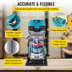 Puujyrsin 710 watin alumiiniseosrunko kallistettava ja upotettava pohja kolmella holkilla