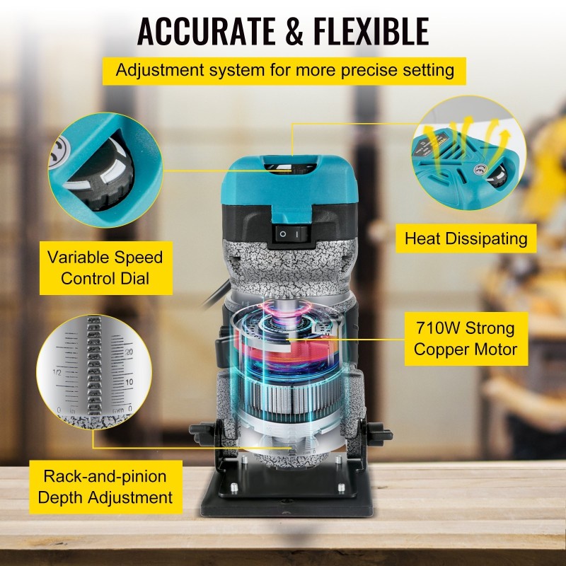 Puujyrsin 710 watin alumiiniseosrunko kallistettava ja upotettava pohja kolmella holkilla