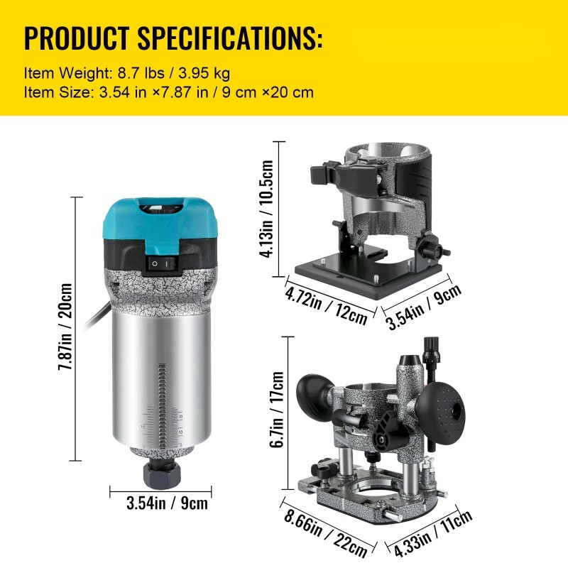 Puujyrsin 710 watin alumiiniseosrunko kallistettava ja upotettava pohja kolmella holkilla