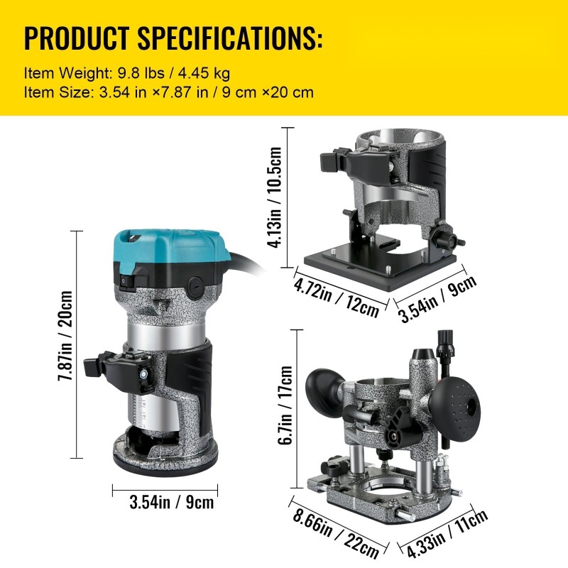 Puujyrsin 710W alumiiniseos kolmella pohjalla säädettävä kierrosluku