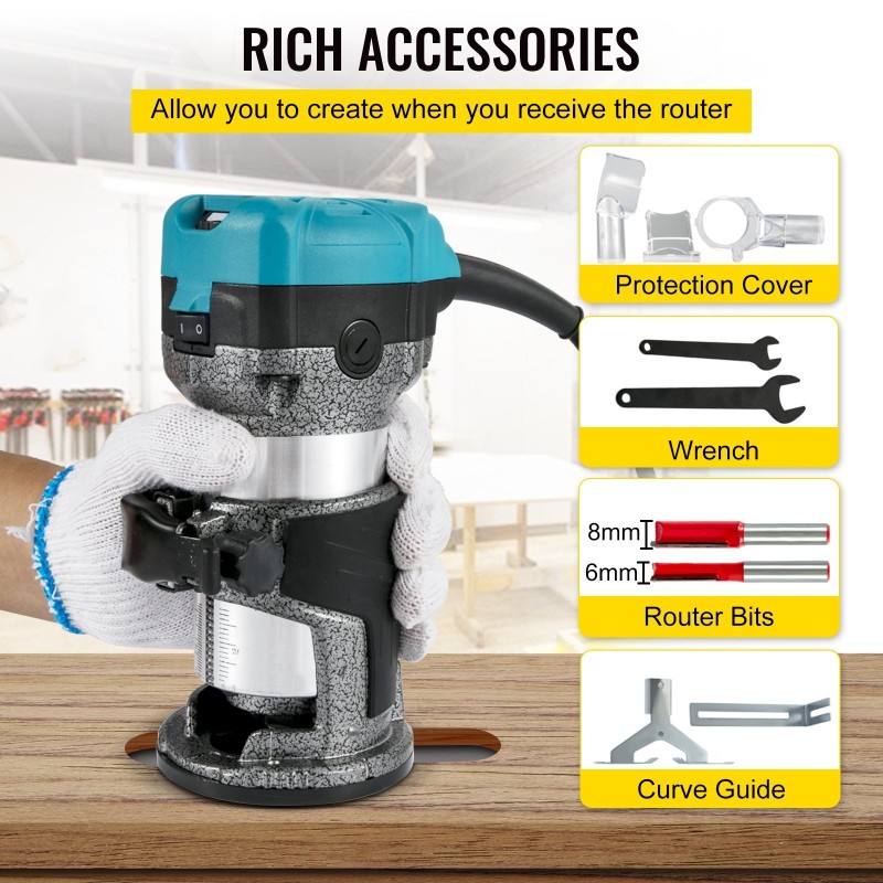 Puujyrsin alumiiniseosrunko 710W kiinteällä alustalla 3 istukkaa 13000–33000 r/min