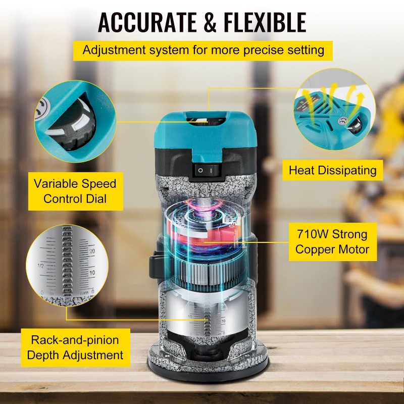 Puujyrsin alumiiniseosrunko 710 W neljällä pohjalla säädettävä nopeus