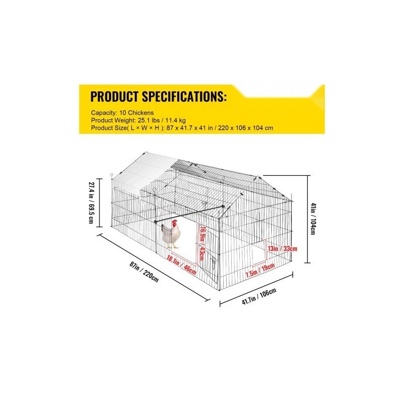 Metallinen kanahäkki 220 x 106 x 104 cm polyesteripeitteellä neljällä ovella