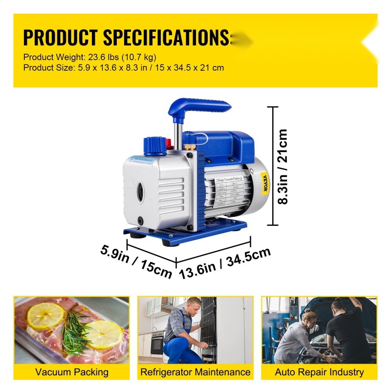 Tyhjiöpumppu kaksivaiheinen 1 hv 227–255 l/min alumiiniseosrunko 300 ml öljysäiliö