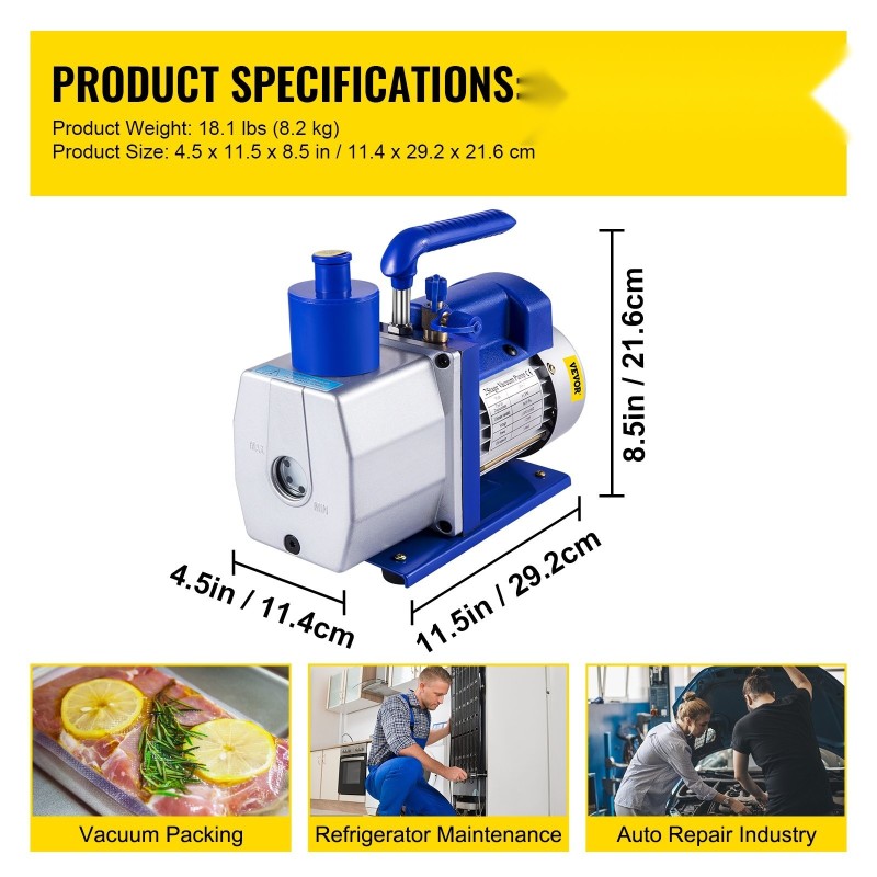 Kaksivaiheinen kylmäainevakuumipumppu 170 litraa minuutissa 0,5 hevosvoimaa alumiinirunko 250 millilitran öljytilavuus