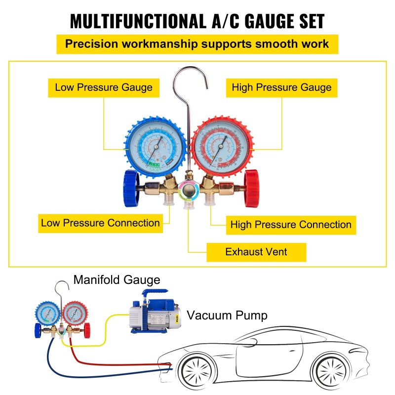 Kylmäainevakuumipumppu 4CFM 1/3HP alumiiniseosrunko kuparikäämimoottori jakotukkisarja kolme letkua sopii yleisille