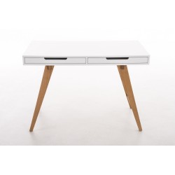 Tyylikäs valkoinen kirjoituspöytä tammijaloilla ja laatikoilla