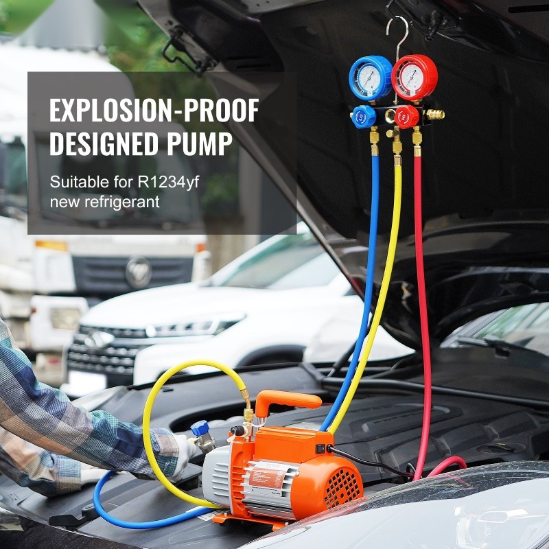 Yksivaiheinen roottorityhjiöpumppu ja manometrisarja 1/5 hv kolmivärisillä letkuilla R134a R1234yf