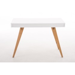 Tyylikäs valkoinen kirjoituspöytä tammijaloilla ja laatikoilla