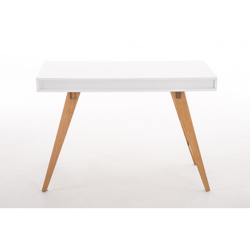 Tyylikäs valkoinen kirjoituspöytä tammijaloilla ja laatikoilla