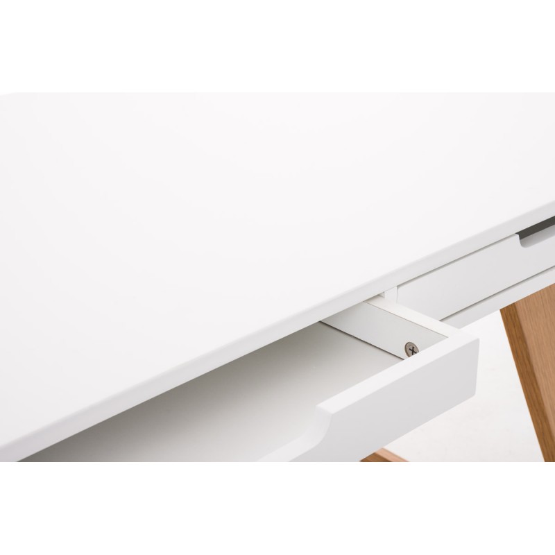 Tyylikäs valkoinen kirjoituspöytä tammijaloilla ja laatikoilla