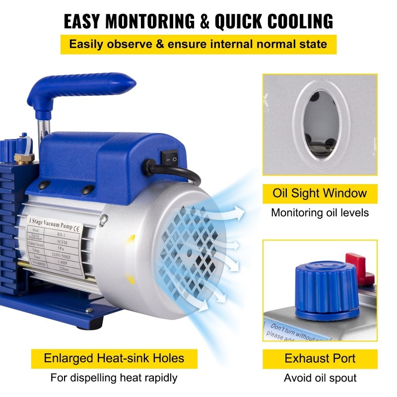 Yksivaiheinen tyhjiöpumppu 3 CFM 1/4 HP ja 12 L ruostumaton teräskammio