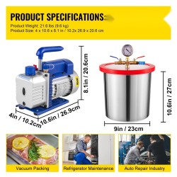 Yksivaiheinen tyhjiöpumppu 3 CFM 1/4 HP ja 12 L ruostumaton teräskammio