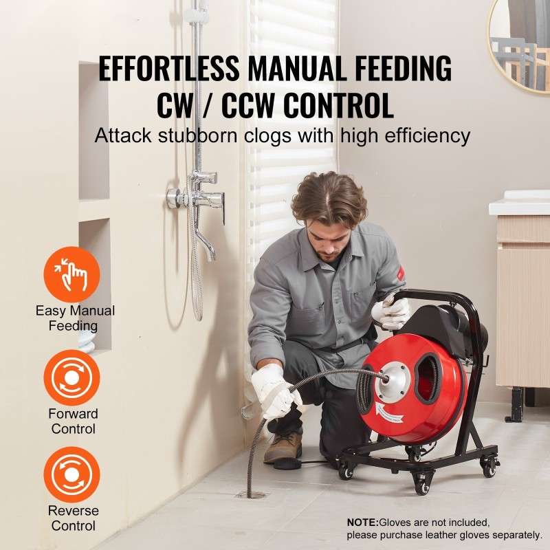 Viemärinavauskone 50 jalan puoli tuuman teräskaapelilla pyörillä 4 leikkuupäätä 2–4 tuuman putkille