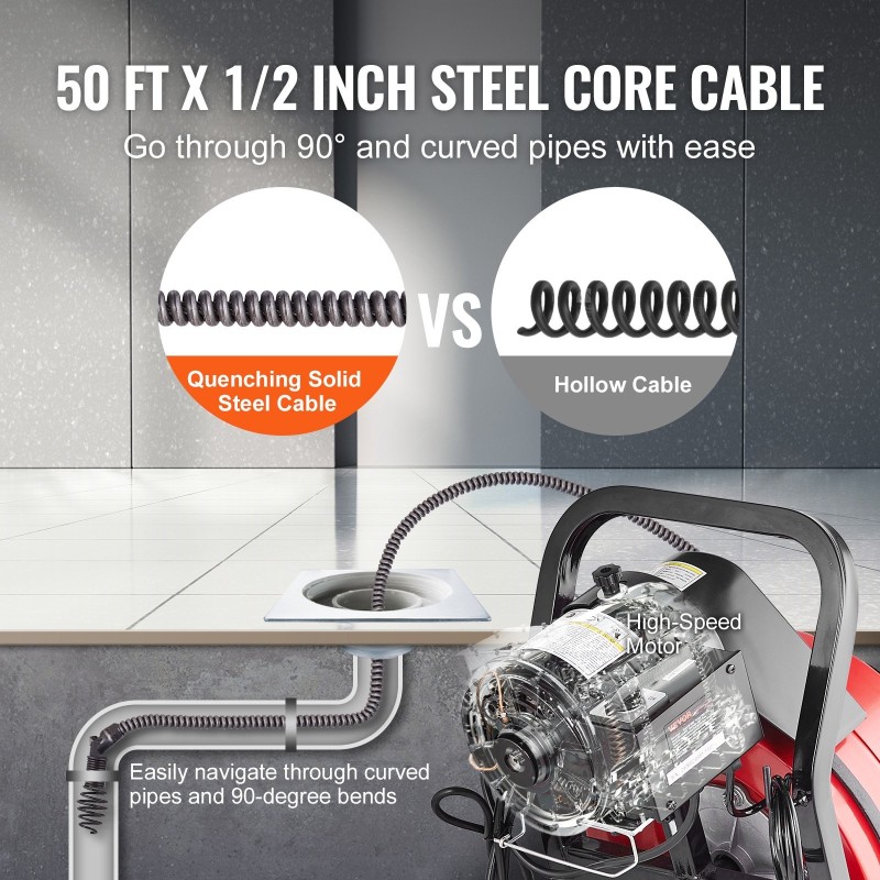 Viemärinavauskone 50 jalan puoli tuuman teräskaapelilla pyörillä 4 leikkuupäätä 2–4 tuuman putkille