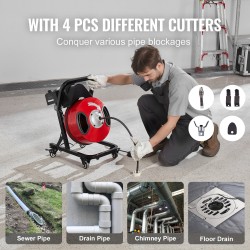 Viemärinavauskone 50 jalan puoli tuuman teräskaapelilla pyörillä 4 leikkuupäätä 2–4 tuuman putkille
