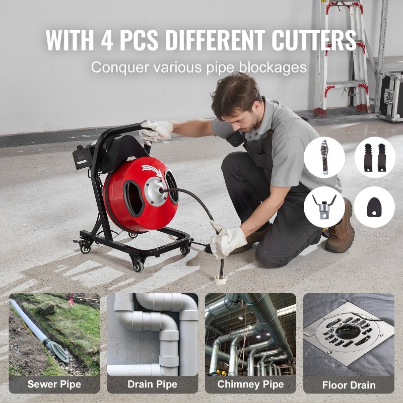 Viemärinavauskone 50 jalan puoli tuuman teräskaapelilla pyörillä 4 leikkuupäätä 2–4 tuuman putkille