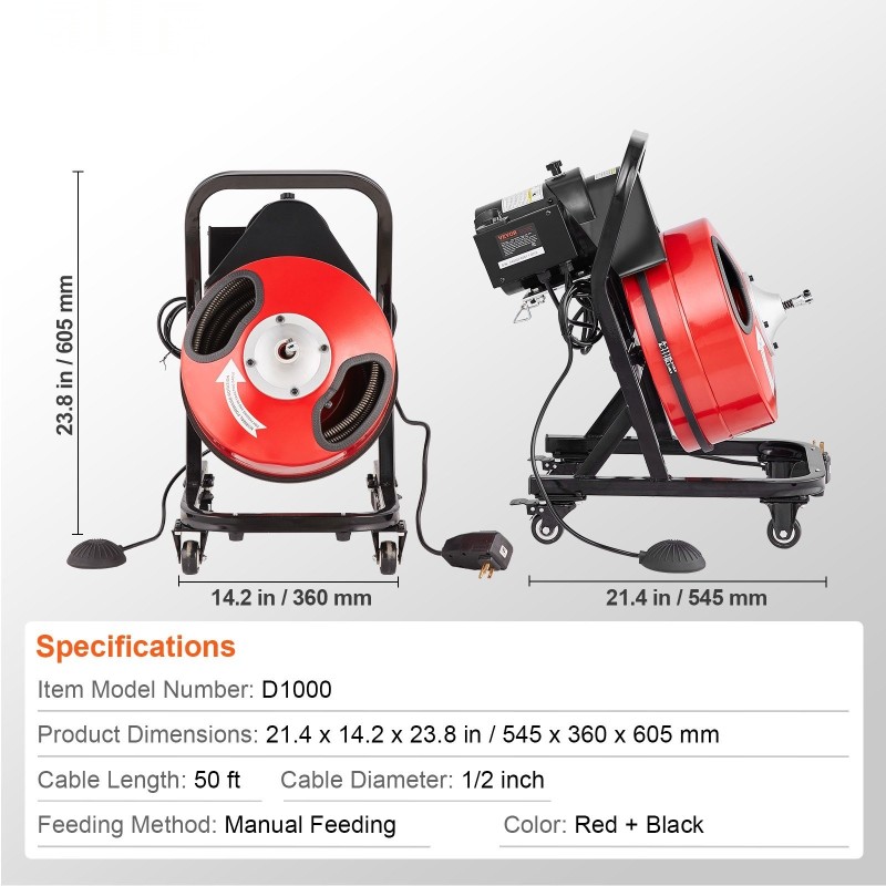 Viemärinavauskone 50 jalan puoli tuuman teräskaapelilla pyörillä 4 leikkuupäätä 2–4 tuuman putkille