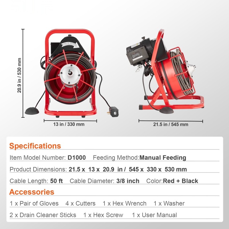 Sähköinen viemärinavauskone 3/8 tuuman teräskaapeli 4 leikkuupäätä 2–4 tuuman putkille