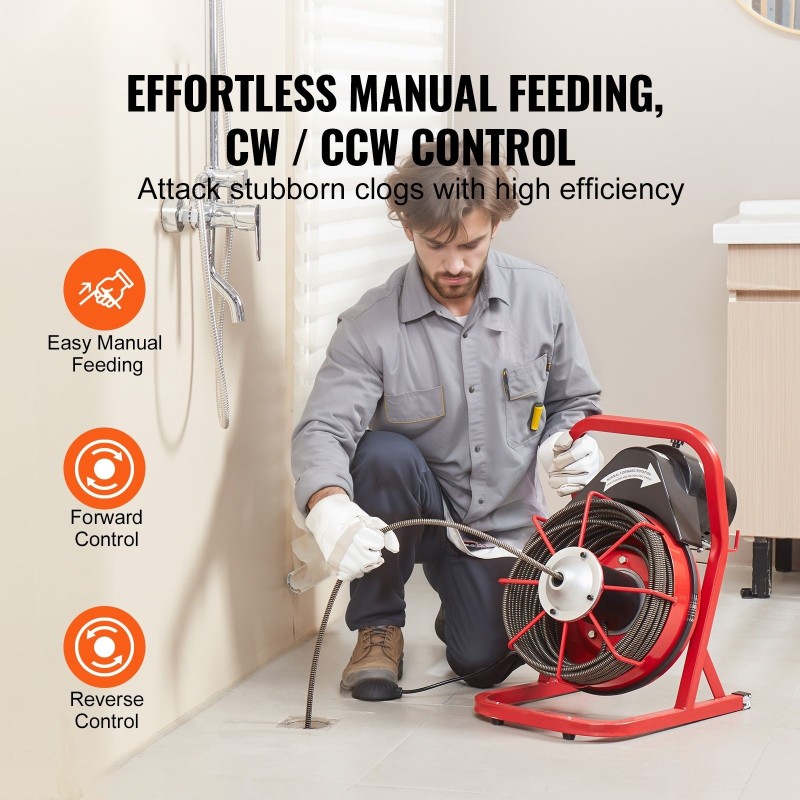 Viemärinavauskone teräsydinkaapelilla 22,86 m 9,5 mm 4 vaihdettavaa leikkuupäätä manuaalinen syöttö