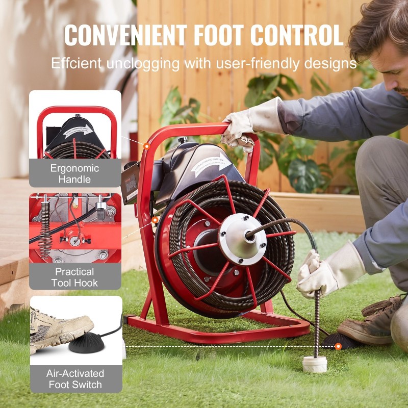 Viemärinavauskone teräsydinkaapelilla 22,86 m 9,5 mm 4 vaihdettavaa leikkuupäätä manuaalinen syöttö