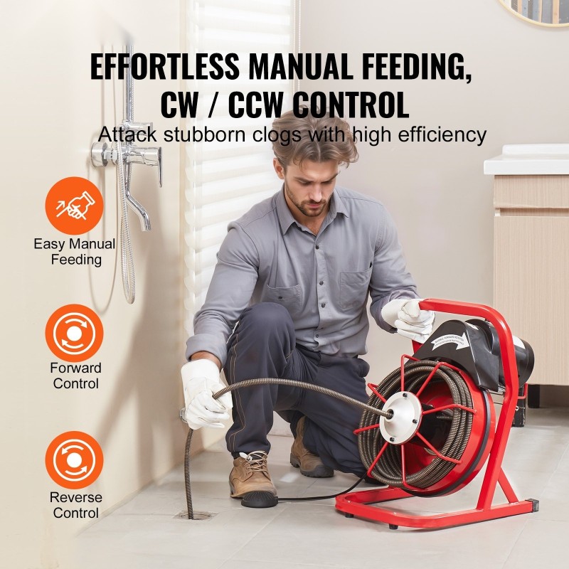 Sähkökäyttöinen viemärinavauskone viidenkymmenen jalan puolituuman teräskaapelilla 2–4 tuuman putkille