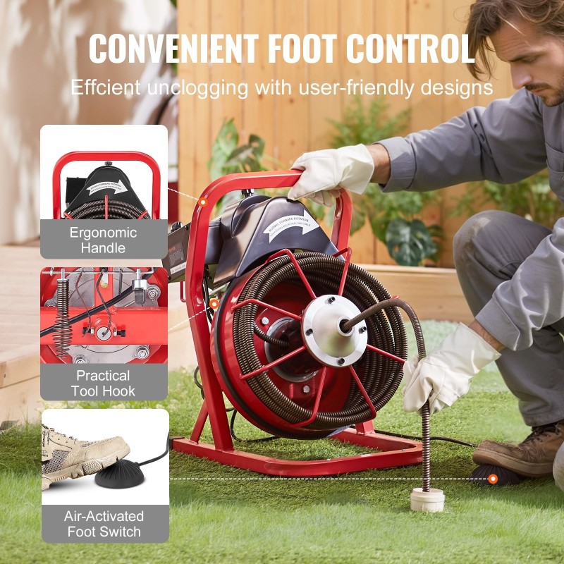 Sähkökäyttöinen viemärinavauskone viidenkymmenen jalan puolituuman teräskaapelilla 2–4 tuuman putkille