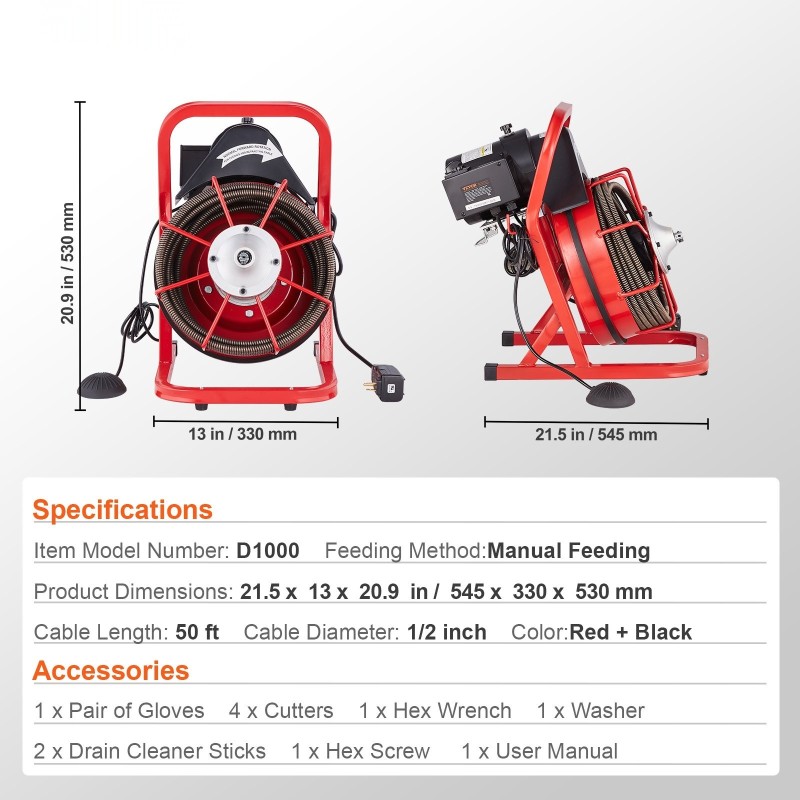Sähkökäyttöinen viemärinavauskone viidenkymmenen jalan puolituuman teräskaapelilla 2–4 tuuman putkille