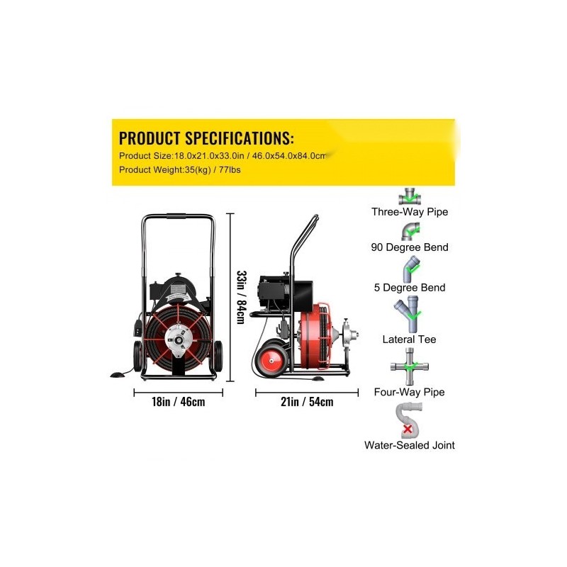 Sähköinen viemärinavauskone 15 m 13 mm kaapelilla 370 wattia 25–100 mm putkille