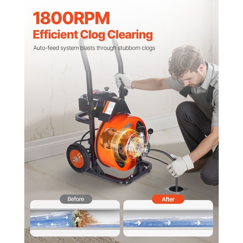 Sähköinen viemärinpuhdistuskone 50 jalkaa 3/8 tuuman kaapeli automaattisyöttö jalkakytkin