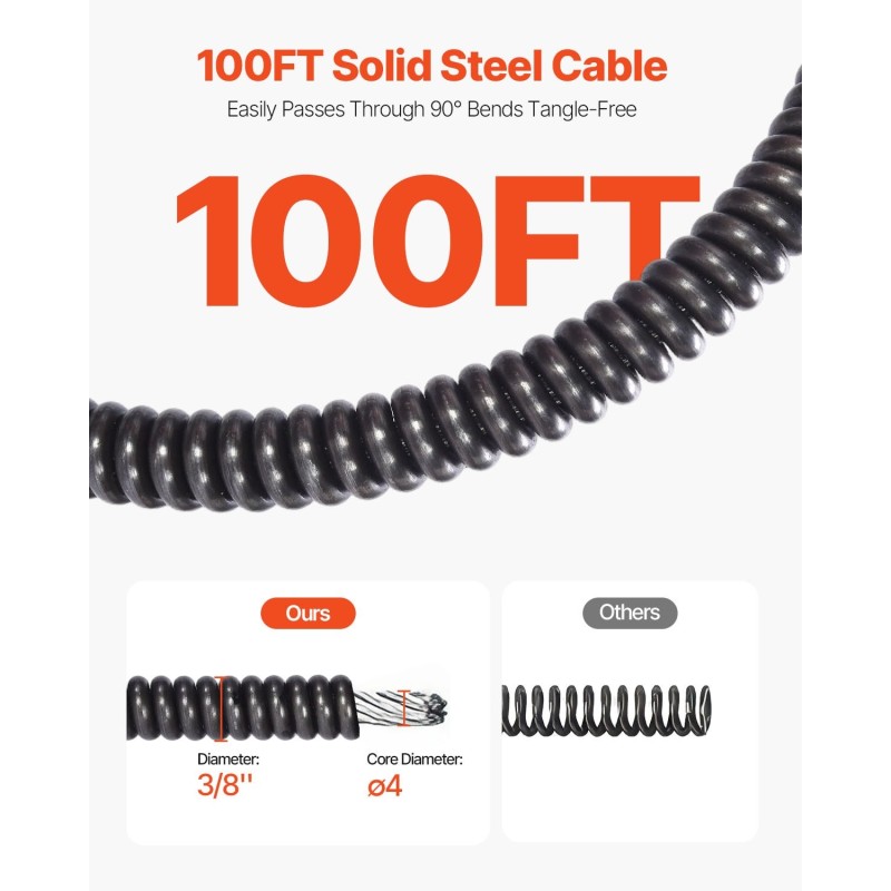Sähköinen viemärinpuhdistuskone 100 jalan 3/8 tuuman kaapelilla automaattisella syötöllä