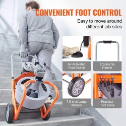 Viemärin puhdistuskone teräskaapeli 30,5 m 9,5 mm automaattisyöttö 8 terää pyörillä