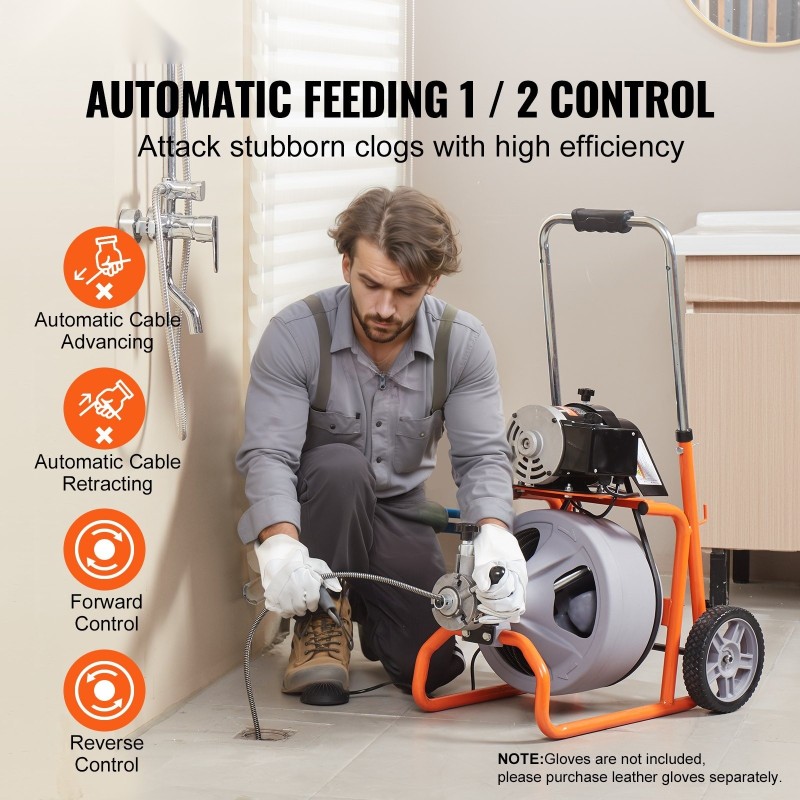 Sähkökäyttöinen viemärinavauskone 75 jalan 3/8 tuuman teräskaapelilla 2–4 tuuman putkille 8 leikkuuterällä