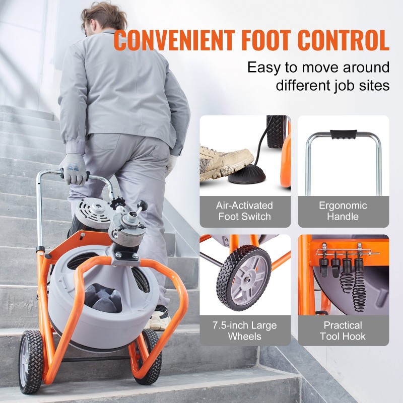 Sähkökäyttöinen viemärinavauskone 75 jalan 3/8 tuuman teräskaapelilla 2–4 tuuman putkille 8 leikkuuterällä