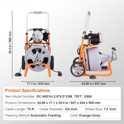 Sähkökäyttöinen viemärinavauskone 75 jalan 3/8 tuuman teräskaapelilla 2–4 tuuman putkille 8 leikkuuterällä