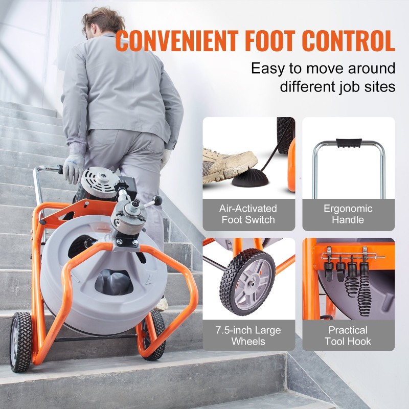 Sähköinen viemärinavauskone muovirummulla 100 jalan 1/2-tuumainen kaapeli 2–4 tuuman putkille