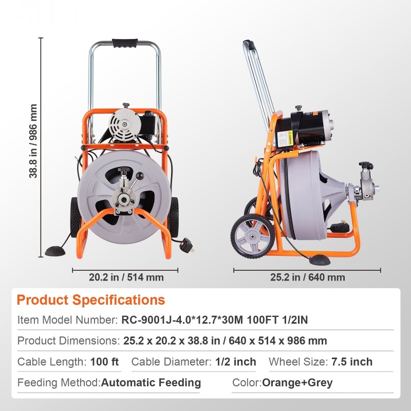 Sähköinen viemärinavauskone muovirummulla 100 jalan 1/2-tuumainen kaapeli 2–4 tuuman putkille