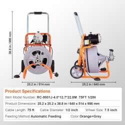 Sähköinen viemärinavauskone 22,8 m 1/2-tuumaisella teräskaapelilla 2–4 tuuman putkille