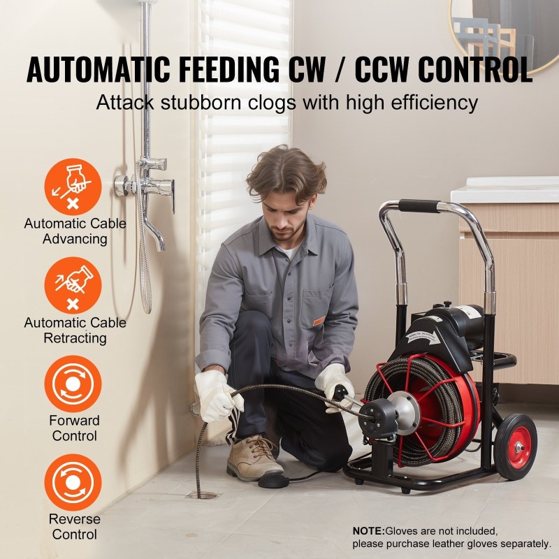 Sähkökäyttöinen viemärinavauskone teräsvaijerilla 30,5 metriä 9,52 millimetriä kahdeksan leikkuupäätä automaattisella syötöllä