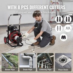 Sähkökäyttöinen viemärinavauskone teräsvaijerilla 30,5 metriä 9,52 millimetriä kahdeksan leikkuupäätä automaattisella syötöllä