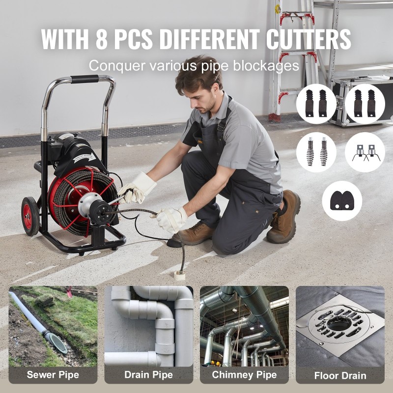 Sähkökäyttöinen viemärinavauskone teräsvaijerilla 30,5 metriä 9,52 millimetriä kahdeksan leikkuupäätä automaattisella syötöllä