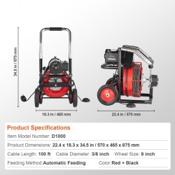 Sähkökäyttöinen viemärinavauskone teräsvaijerilla 30,5 metriä 9,52 millimetriä kahdeksan leikkuupäätä automaattisella syötöllä