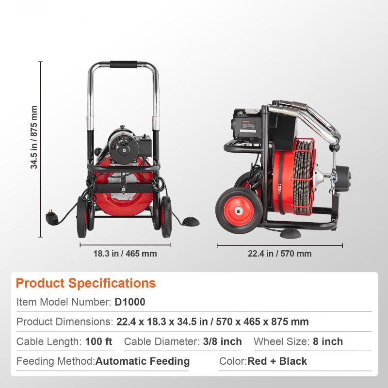 Sähkökäyttöinen viemärinavauskone teräsvaijerilla 30,5 metriä 9,52 millimetriä kahdeksan leikkuupäätä automaattisella syötöllä