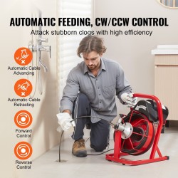 Sähköinen viemärinkone 50-jalan 3/8-tuuman teräskaapeli automaattisyöttö 4 vaihdettavaa leikkuupäätä
