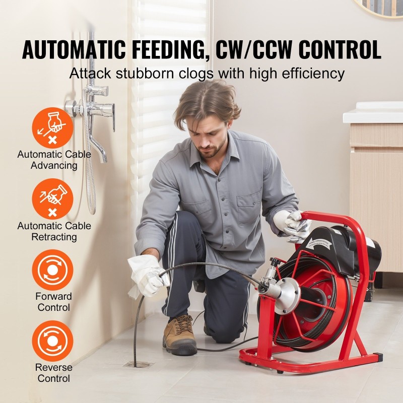 Sähköinen viemärinkone 50-jalan 3/8-tuuman teräskaapeli automaattisyöttö 4 vaihdettavaa leikkuupäätä