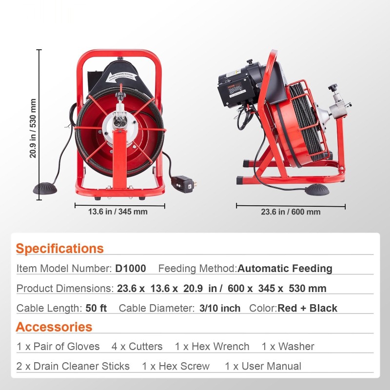 Sähköinen viemärinkone 50-jalan 3/8-tuuman teräskaapeli automaattisyöttö 4 vaihdettavaa leikkuupäätä