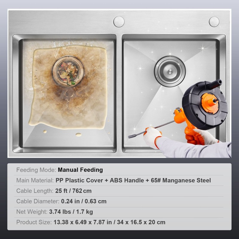 Viemärinavaaja jousiteräskaapelilla 762 cm automaattisyöttö porakonekäyttö suojaletku hanskat