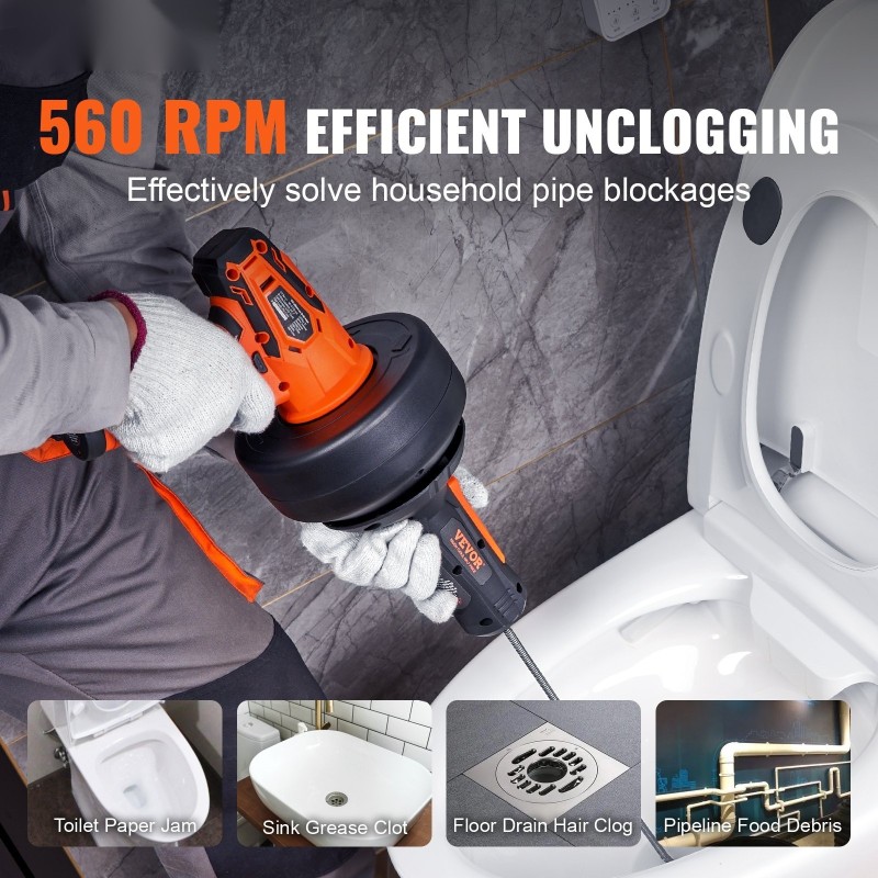 Viemärinpuhdistaja johdoton 12 V akku 8 m kaapeli 19–50 mm putkille