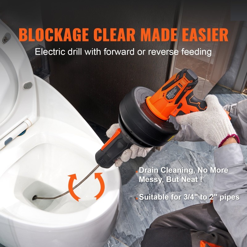 Viemärinpuhdistaja johdoton 12 V akku 8 m kaapeli 19–50 mm putkille