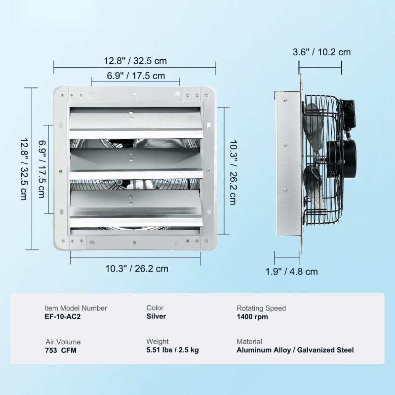 Seinään asennettava alumiiniseos ja sinkitty teräs poistopuhallin säleiköllä 325 mm kasvihuoneisiin